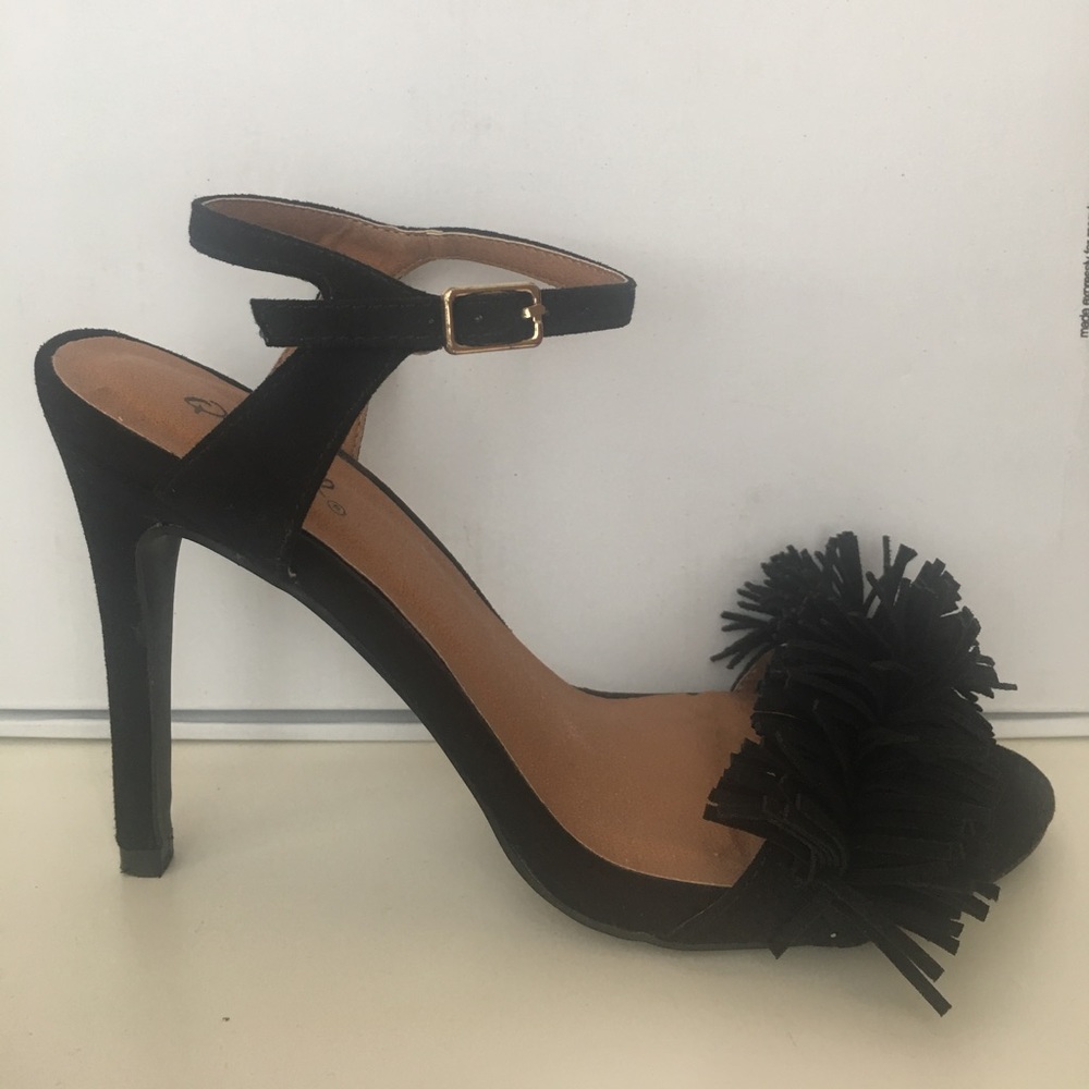 Black open toe heels with fringe